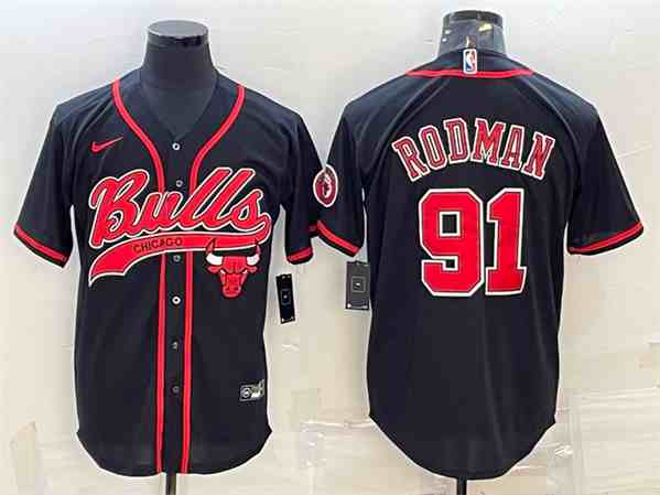 Men's Chicago Bulls #91 Dennis Rodman Black button jersey (3)