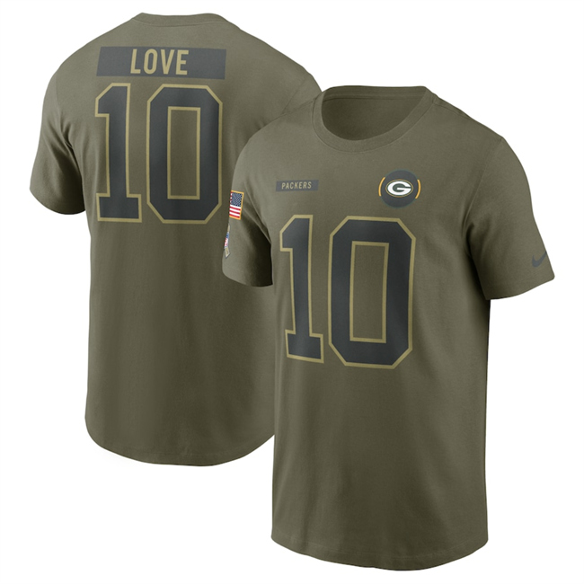 Men's Green Bay Packers #10 Jordan Love Olive 2025 Salute To Service Name & Number T-Shirt