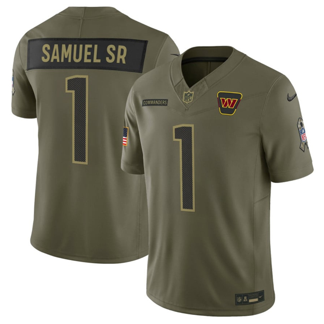 Men's Washington Commanders #1 Deebo Samuel Sr. Olive 2025 F.U.S.E. Salute To Service Limited Stitched Football Jersey