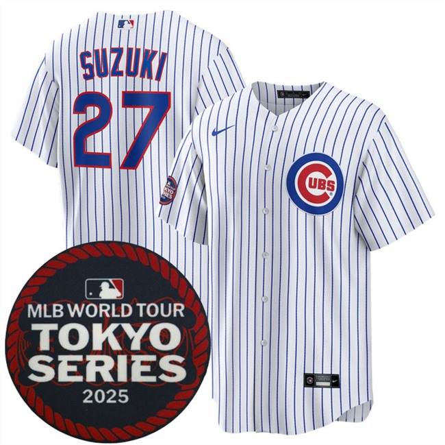 Men's Chicago Cubs #27 Seiya Suzuki White 2025 World Tour Tokyo Series Home Cherry Blossoms Baseball Jersey