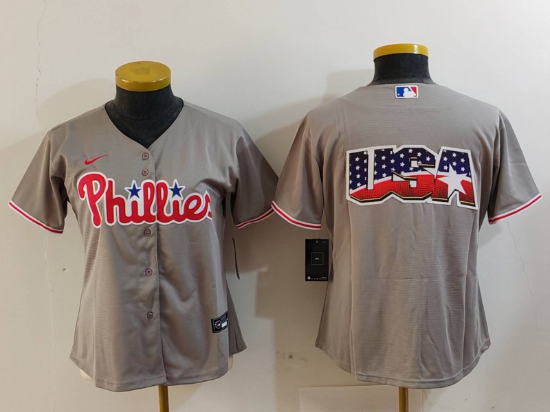 Women's Philadelphia Phillies Grey Team Big Logo Cool Base Stitched Baseball Jersey(Run  Small)