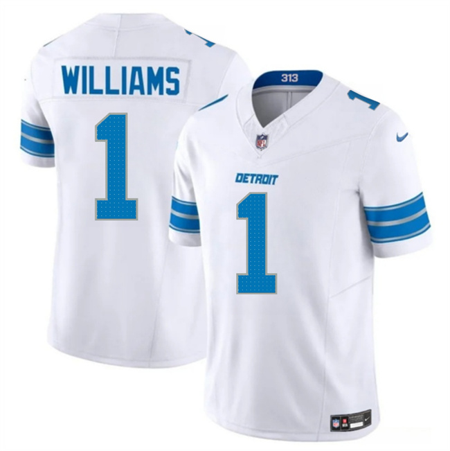 Men's Detroit Lions #1 Jameson Williams White 2025 F.U.S.E. Vapor Limited Stitched Jersey