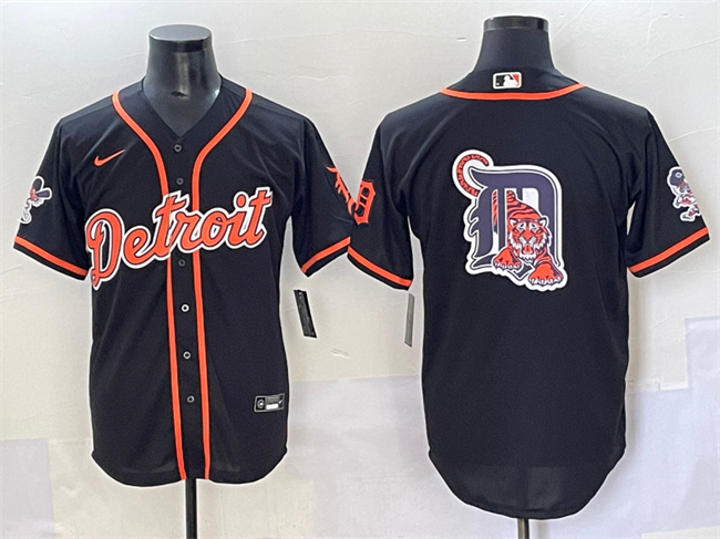 Men's Detroit Tigers Team Big Logo Black With Patch Cool Base Stitched Baseball Jersey