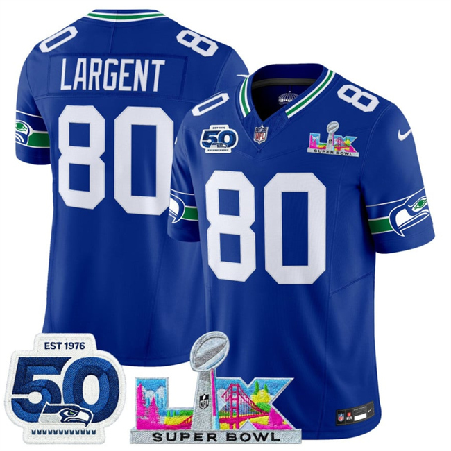 Men's Seattle Seahawks #80 Steve Largent Royal 2026 F.U.S.E. Super Bowl LX Patch And 50th Season Patch Vapor Throwback Limited Stitched Football Jersey