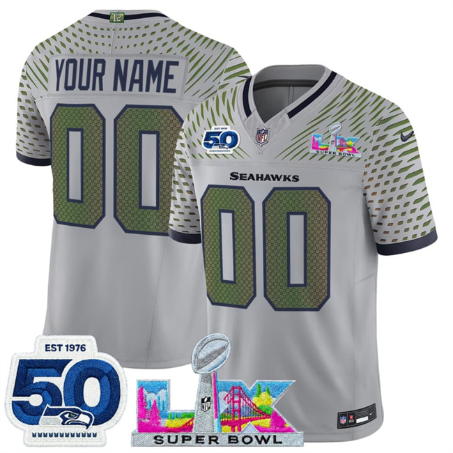 Men's Seattle Seahawks Active Player Custom Grey 2026 F.U.S.E. Super Bowl LX Patch And 50th Season Patch “Rivalries” Vapor Limited Stitched Football Jersey