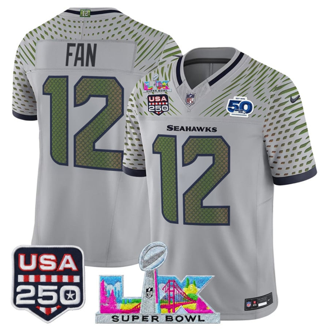 Men's Seattle Seahawks #12 Fan Gray 2026 F.U.S.E. Super Bowl LX & US 250th Anniversary Patch And 50th Season Patch “Rivalries” Vapor Limited Football Stitched Jersey