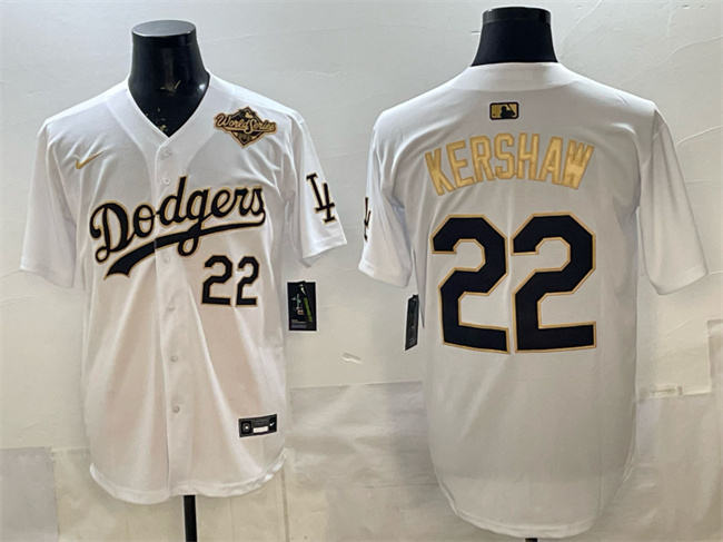 Men's Los Angeles Dodgers #22 Clayton Kershaw White Gold 2025 World Series Patch Limited Stitched Baseball Jersey