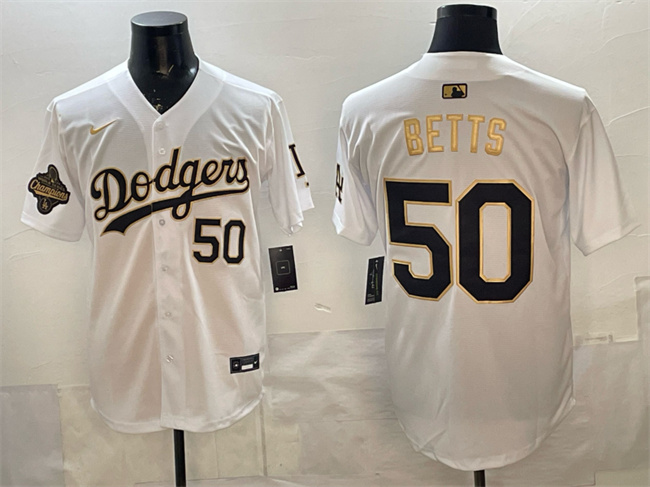 Men's Los Angeles Dodgers #50 Mookie Betts White Gold 2025 World Series Champions Patch Limited Stitched Baseball Jersey