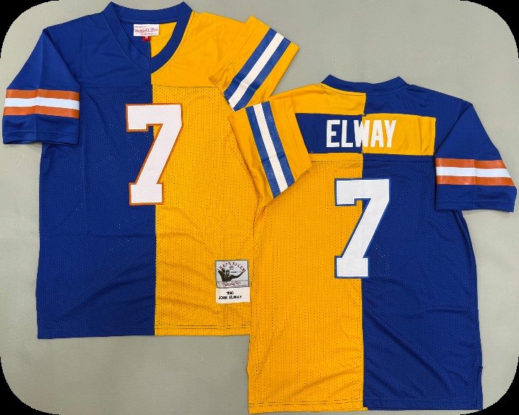 Mens Denver Broncos #7 John Elway 1990 Blue Orange Split Two Tone Throwback Jersey