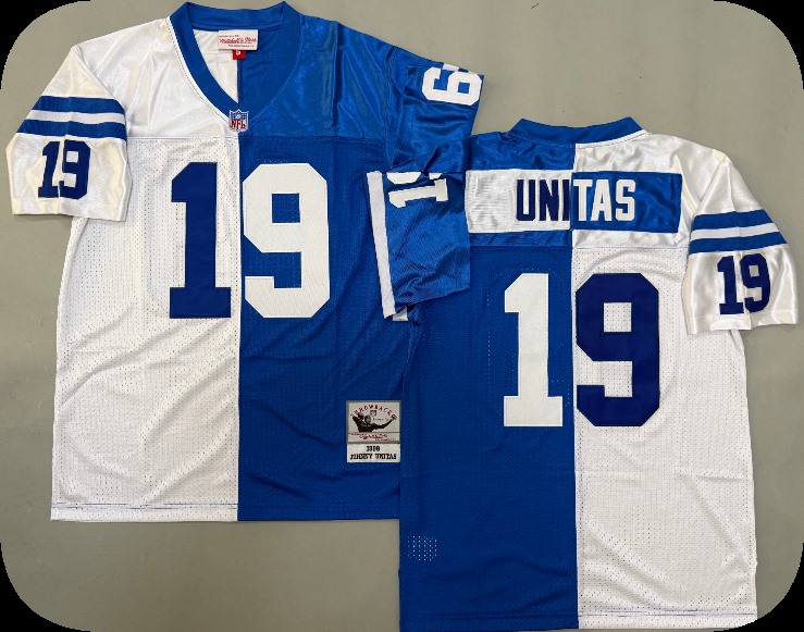 Men's Indianapolis Colts #19 Johnny Unitas White Royal Split Two Tone Throwback Jersey