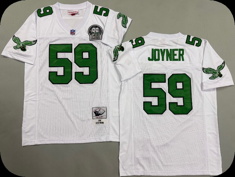 Men's Philadelphia Eagles #59 Seth Joyner 1990 White Throwback 99 Honor Patch Jersey