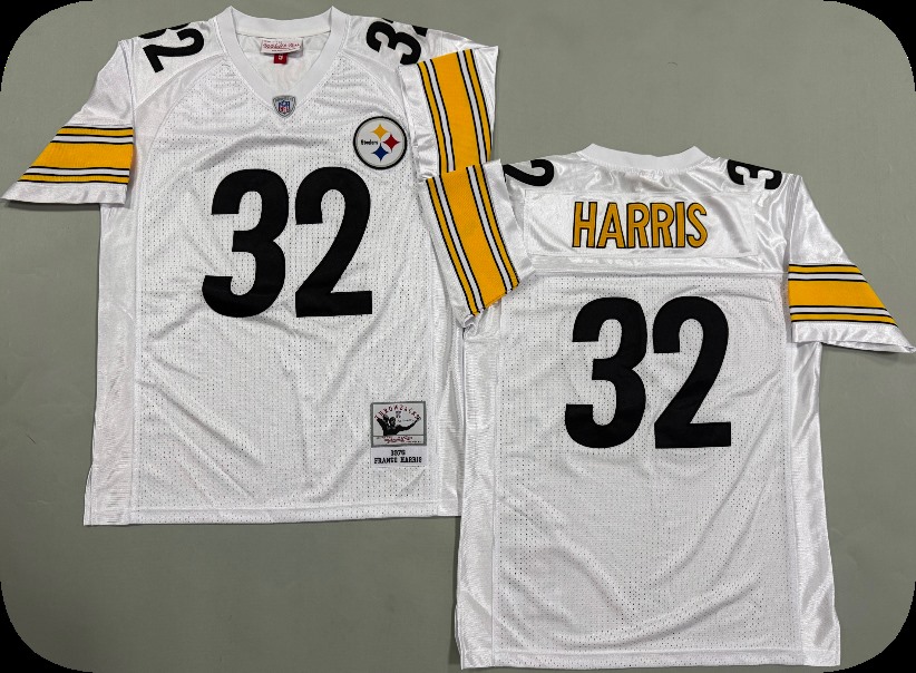 Men's Pittsburgh Steelers #32 Franco Harris 1976 Road White Circular Number Throwback Jersey
