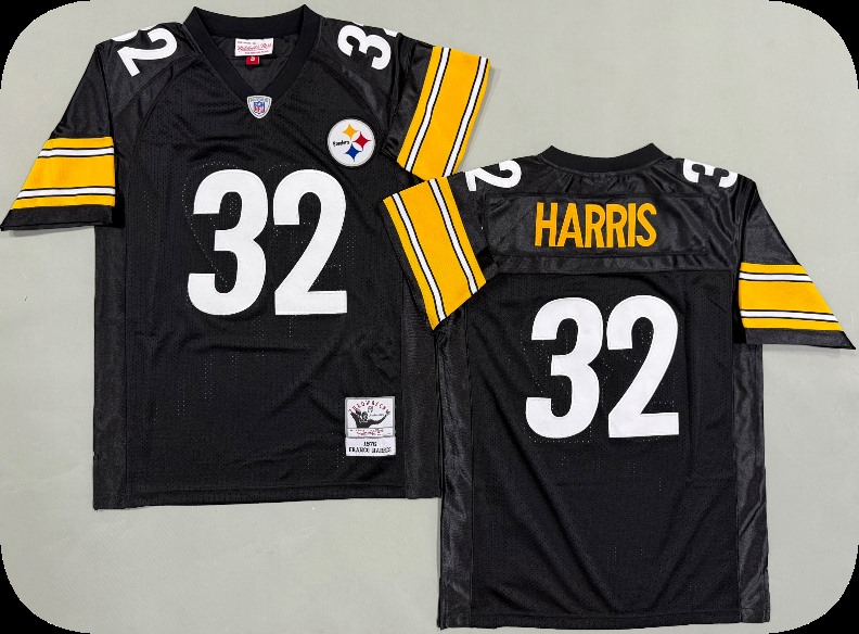 Men's Pittsburgh Steelers #32 Franco Harris 1976 Home Black Circular Number Throwback Jersey