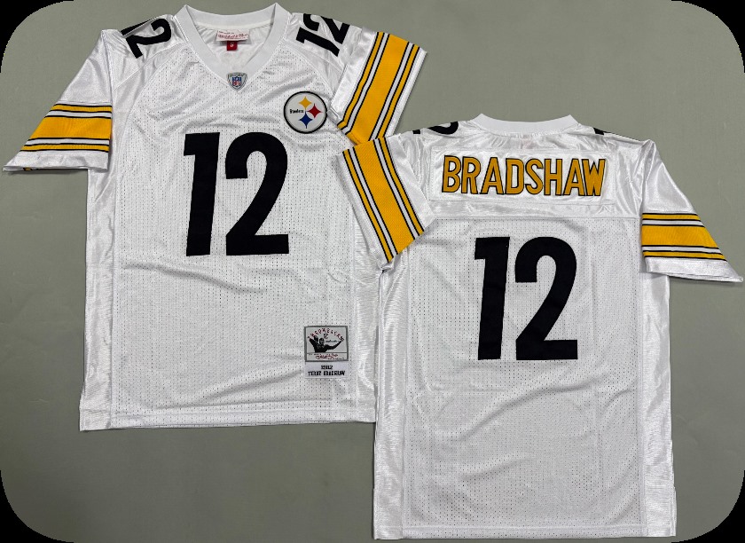 Men's Pittsburgh Steelers #12 Terry Bradshaw 1982 Road White Circular Number Throwback Jersey