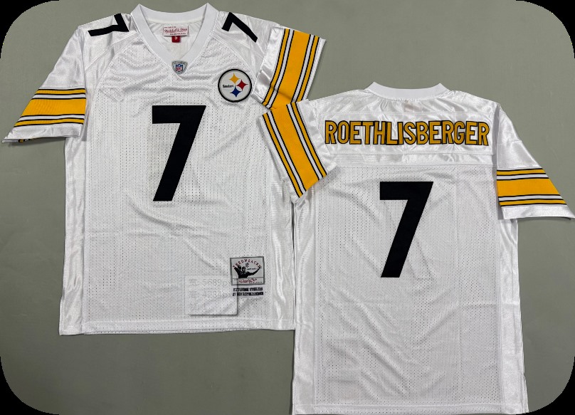 Men's Pittsburgh Steelers #7 Ben Roethlisberger Road White Circular Number Throwback Jersey