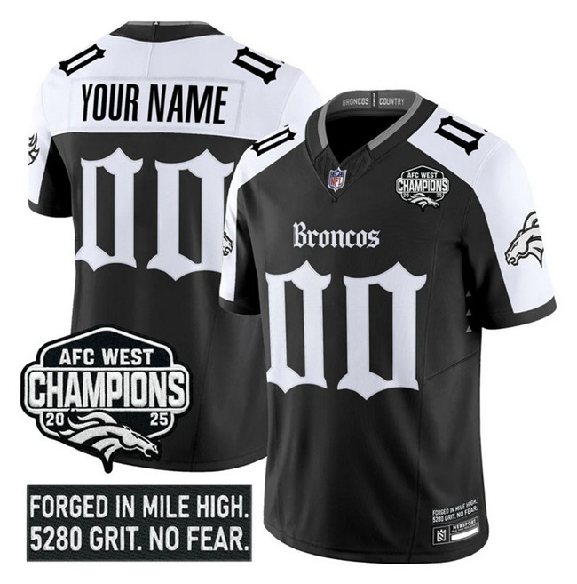 Men's Denver Broncos Active Player Custom Black Alternate F.U.S.E 2025 Afc West Champions Patch ‘Gothic Mile High Shadows Edition’ Vapor Limited Stitched Football Jersey