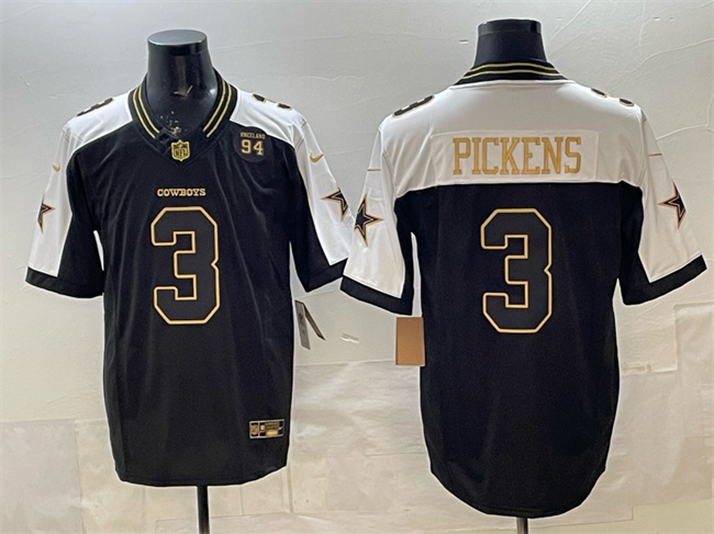 Men's Dallas Cowboys #3 George Pickens Black Gold 2025 F.U.S.E. 94 Marshawn Kneeland Memorial Patch Vapor Limited Stitched Football  Jersey