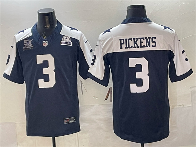 Men's Dallas Cowboys #3 George Pickens Navy F.U.S.E. With 5x Super Bowl Champions & Established In 1960 Patch Thanksgiving Vapor Limited Stitched Football Jersey