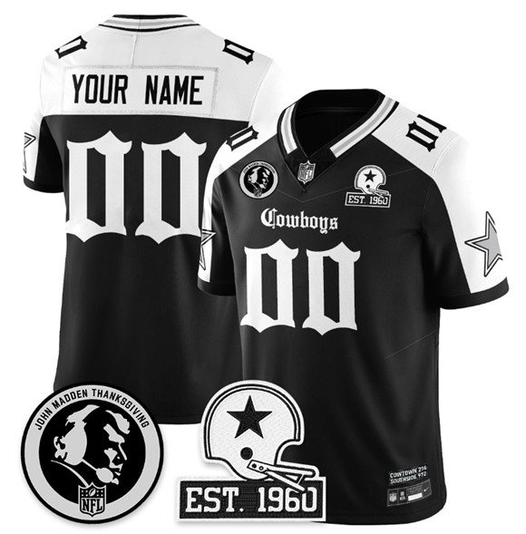 Men's Dallas Cowboys Active Player Custom Black White 2025 F.U.S.E. With John Madden Patch & Established In 1960 Patch Vapor Limited Stitched Football Jersey