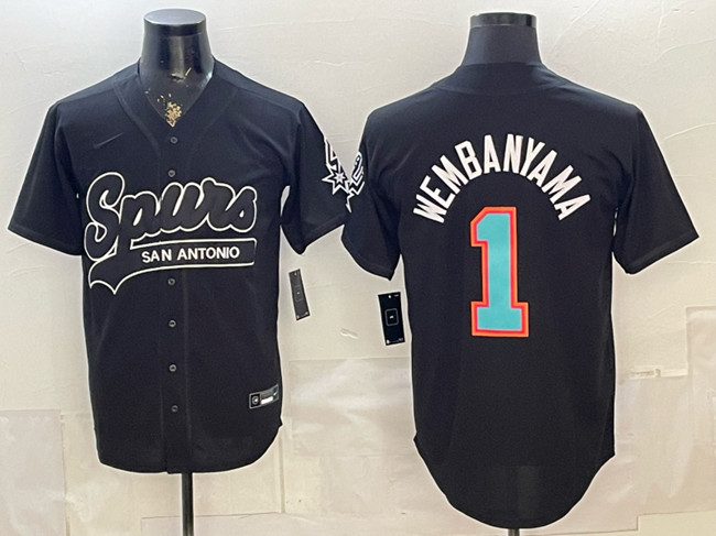 Men's San Antonio Spurs #1 Victor Wembanyama Black Stitched  Baseball   Jersey