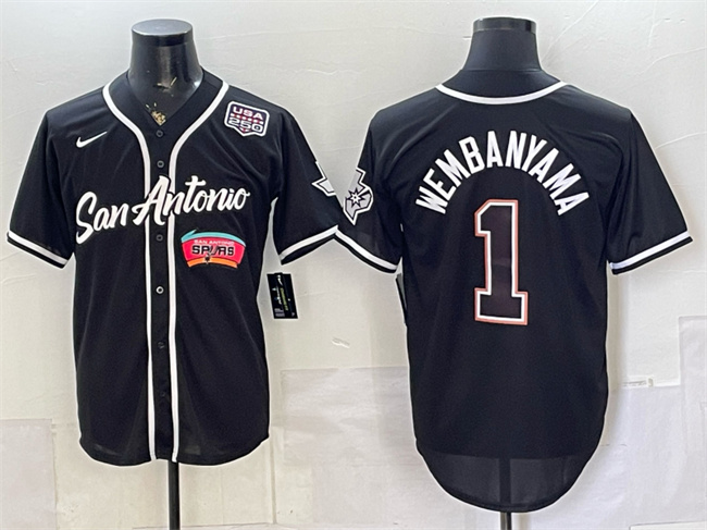 Men's San Antonio Spurs #1 Victor Wembanyama Black USA 250' Patch Stitched Baseball Jersey